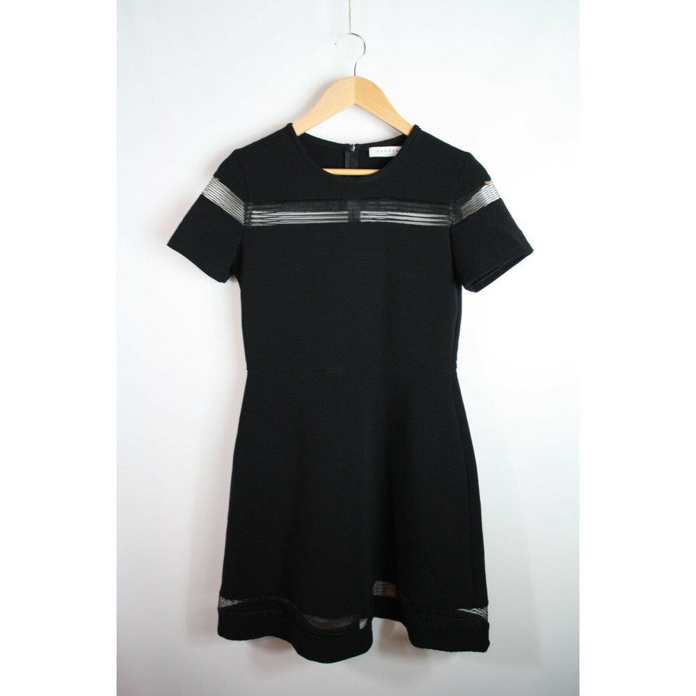 Sandro Dress 3 L Black Fit and Flare Short Sleeved Sheer Panels
